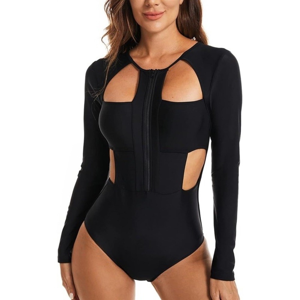 NWT NESY XXL Long Sleeve Rash Guard Swimsuit Cut Out 1Pc Black 129683